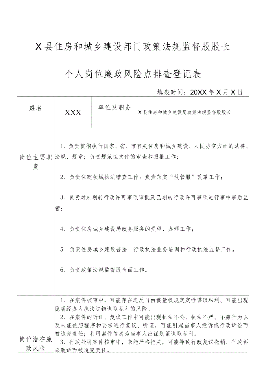 X县住房和城乡建设部门政策法规监督股股长个人岗位廉政风险点排查登记表.docx_第1页