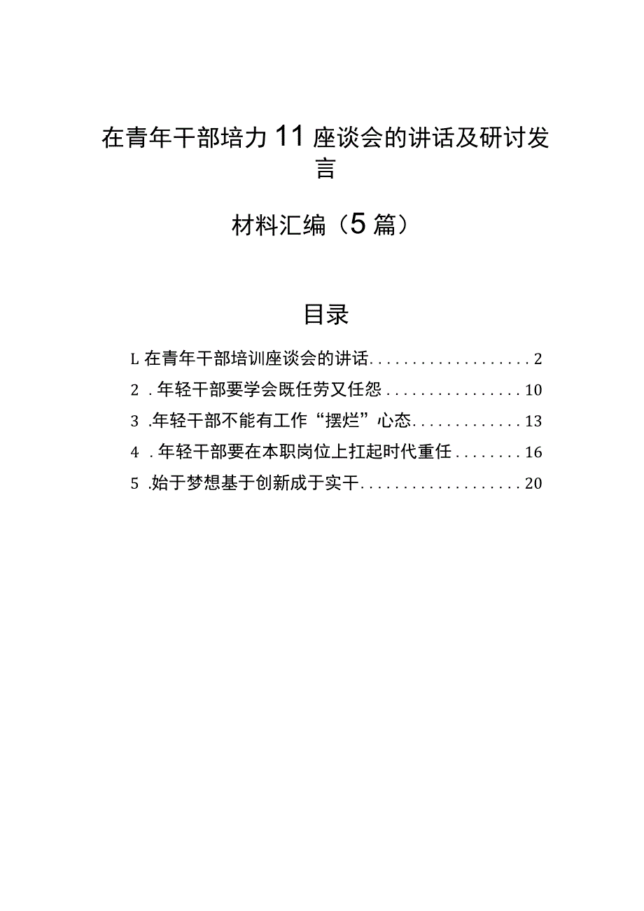 在青年干部培训座谈会的讲话及研讨发言材料汇编（5篇）.docx_第1页