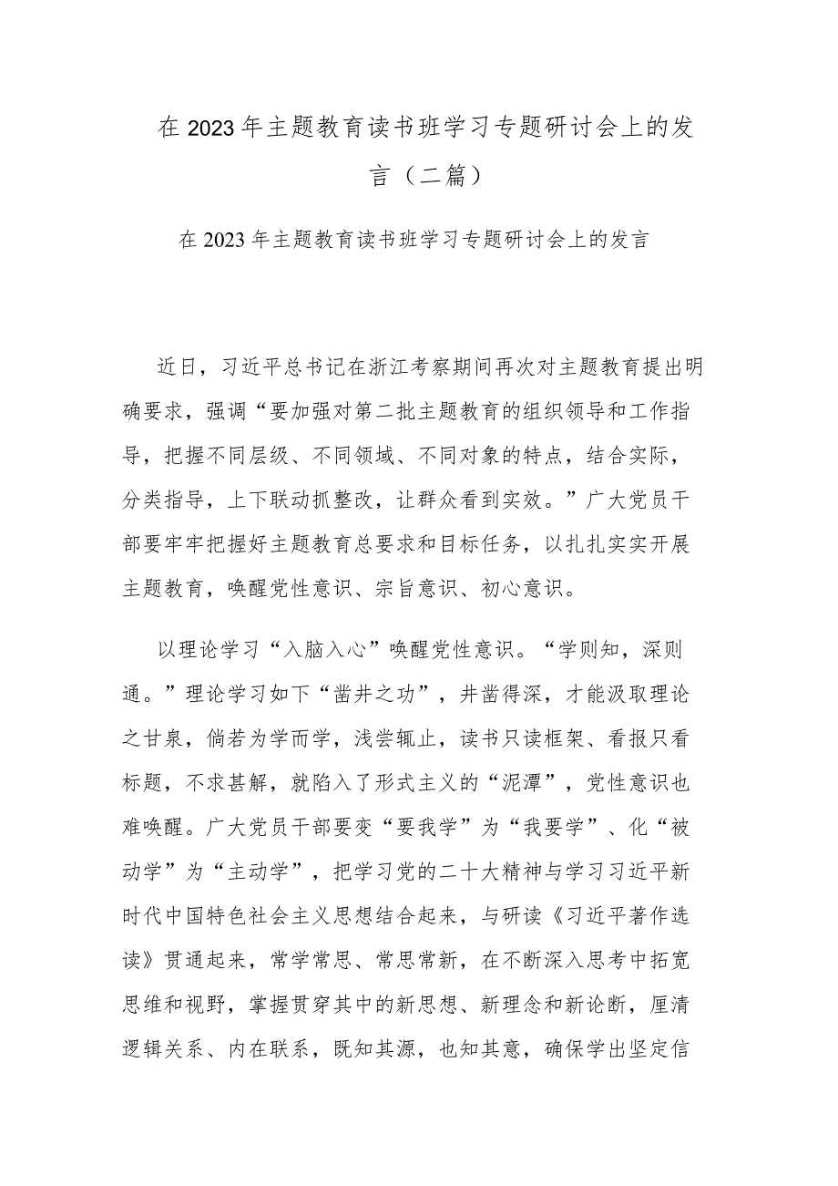 在2023年主题教育读书班学习专题研讨会上的发言(二篇).docx_第1页