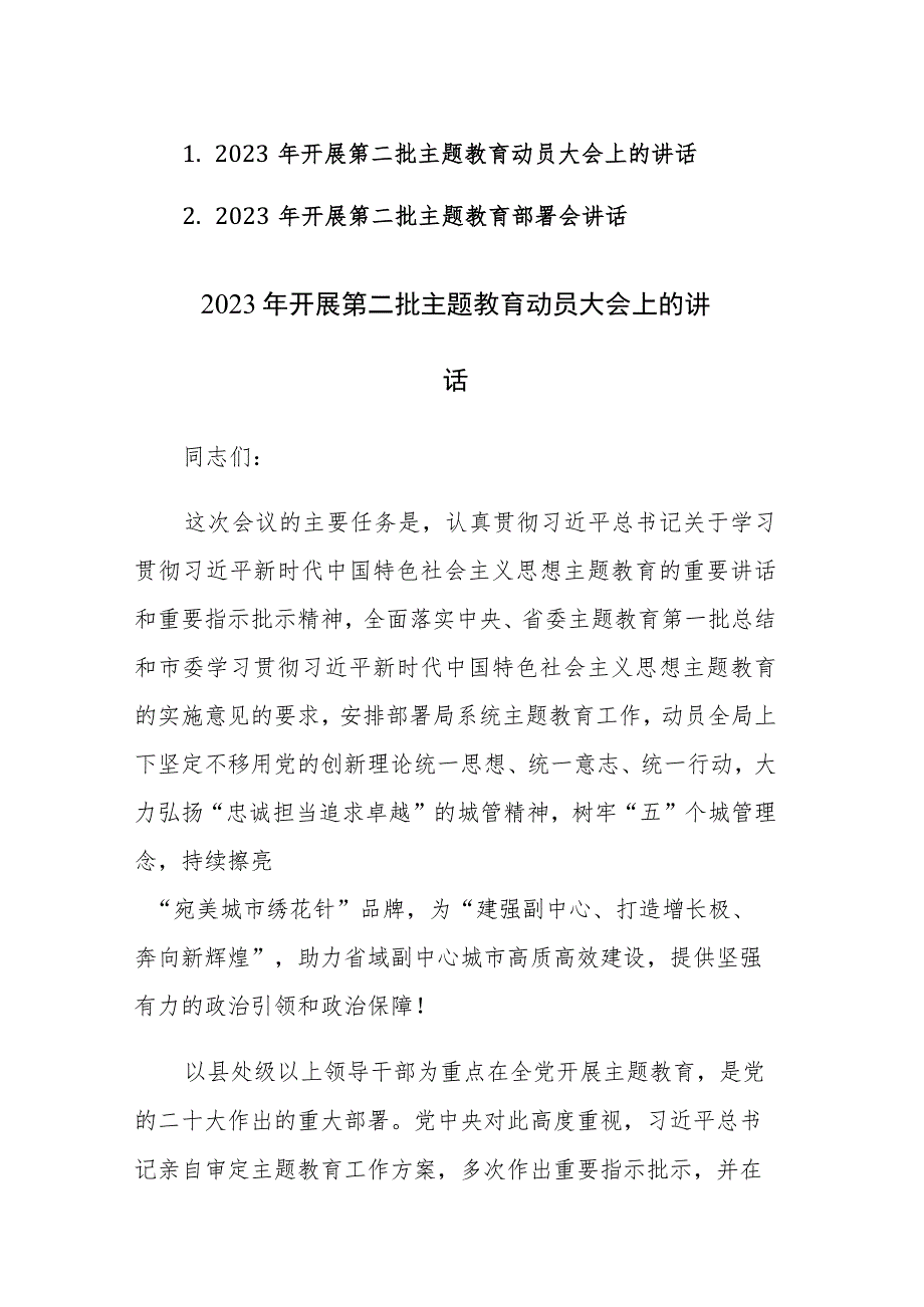 2023年开展第二批主题教育动员大会上的讲话范文2篇.docx_第1页