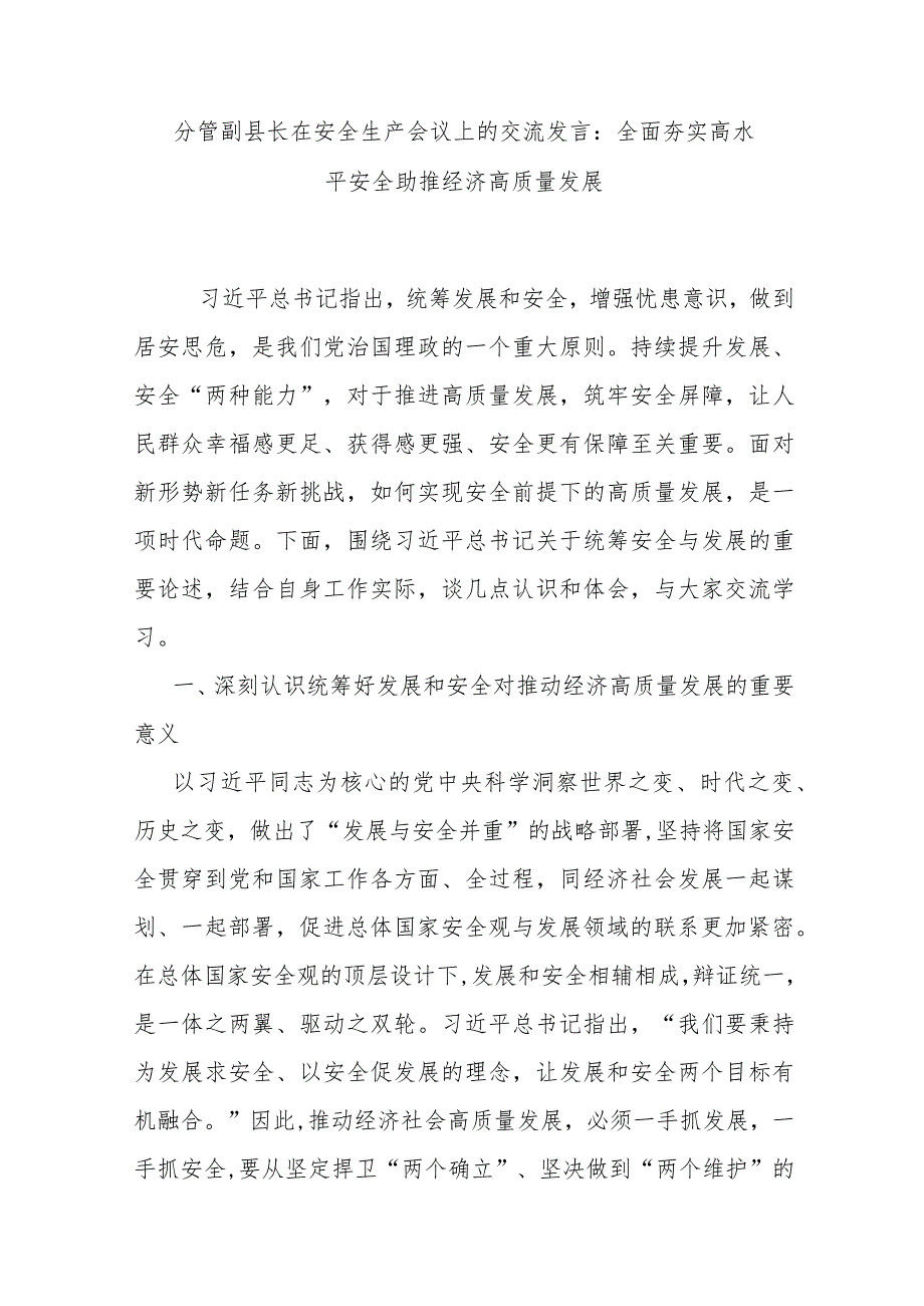 分管副县长在安全生产会议上的交流发言：全面夯实高水平安全助推经济高质量发展.docx_第1页