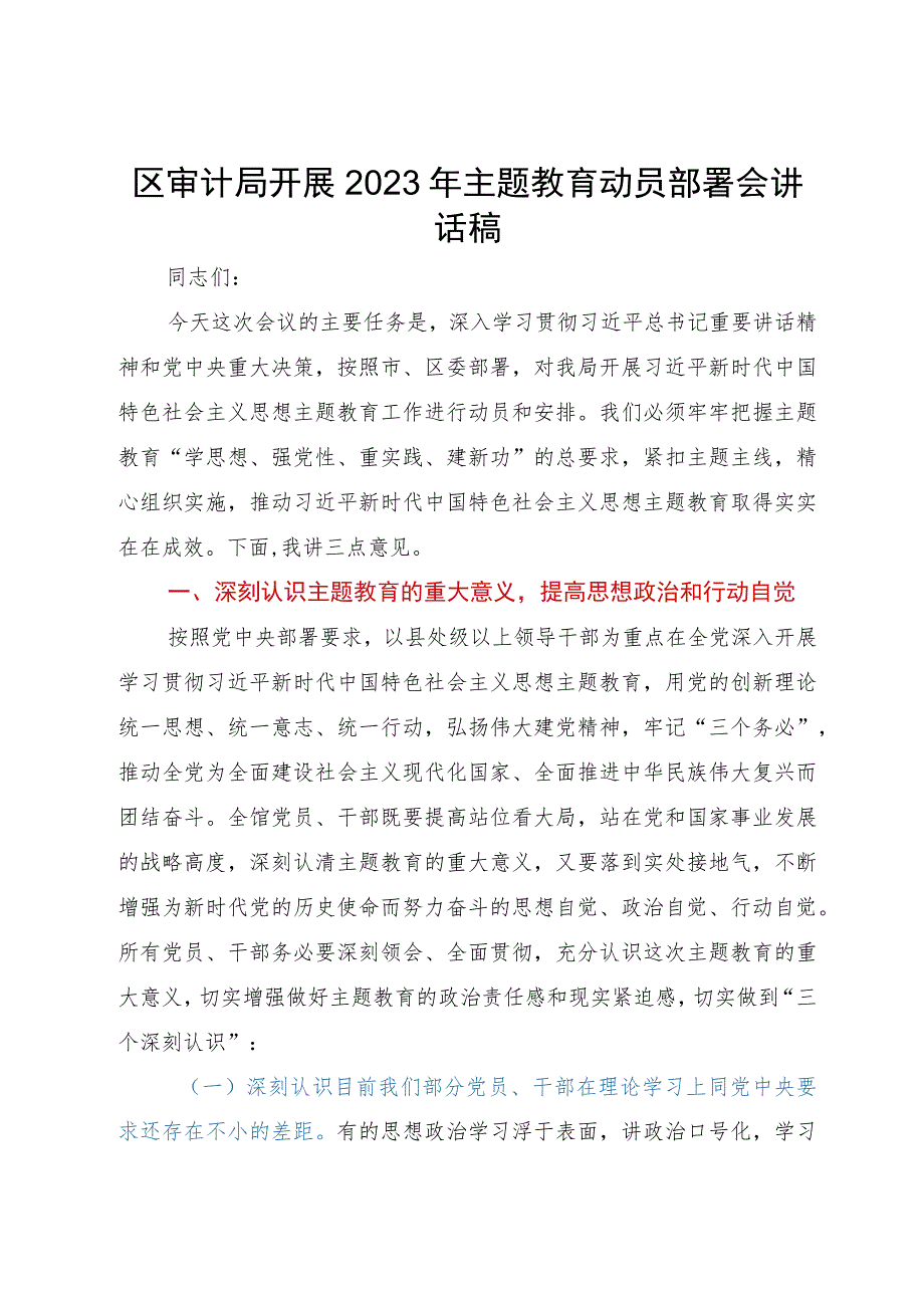 区审计局开展2023年主题教育动员部署会讲话稿.docx_第1页