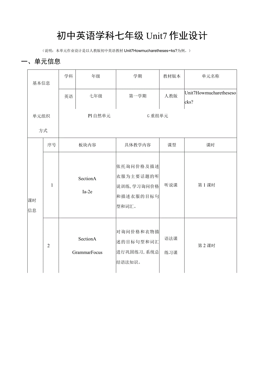 Unit 7 How much are these socks单元作业设计.docx_第1页