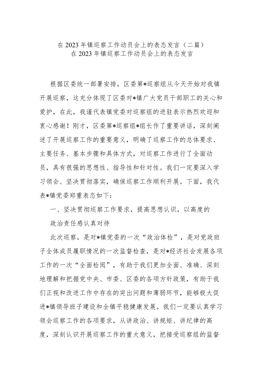 在2023年镇巡察工作动员会上的表态发言(二篇).docx_第1页