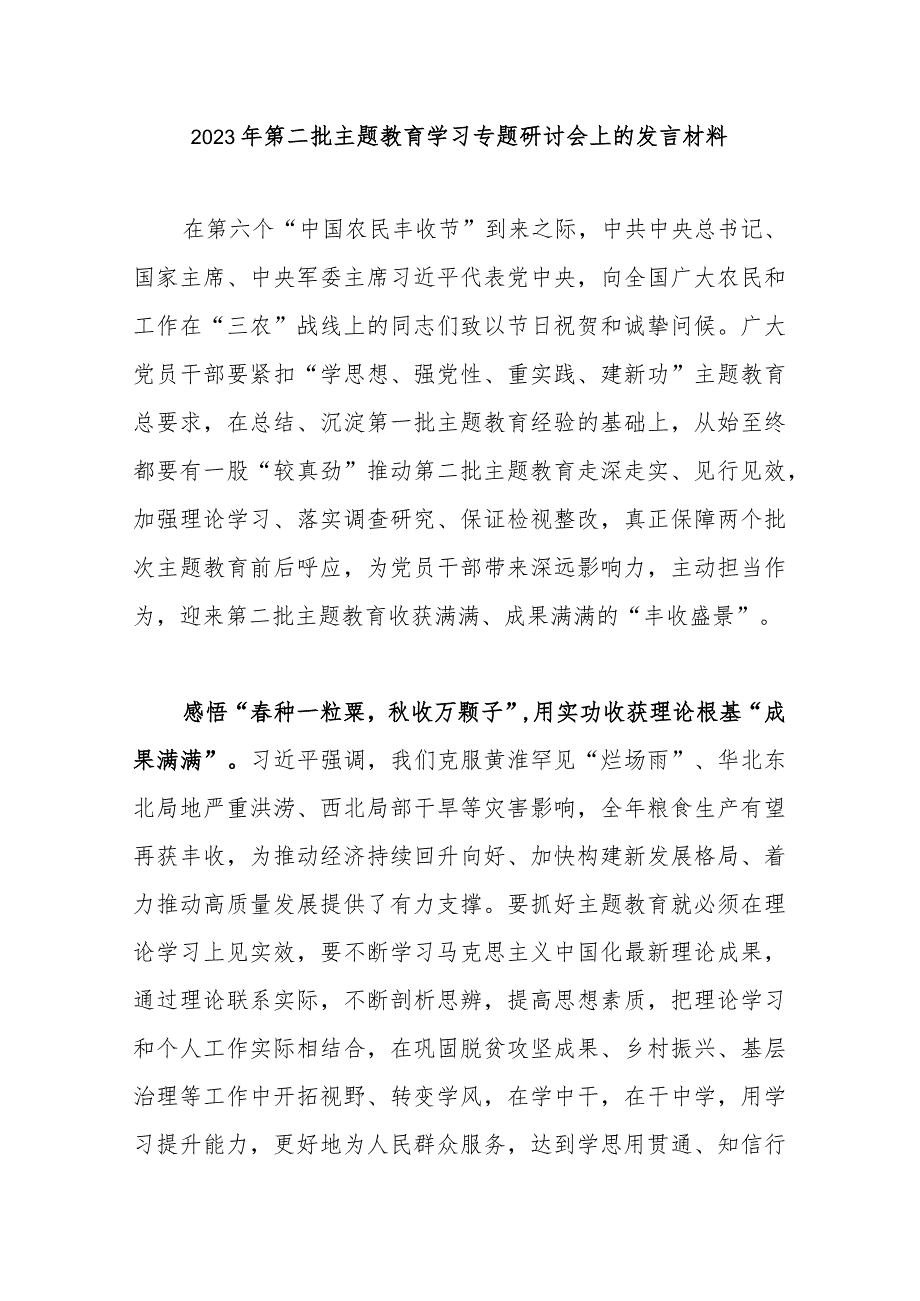 2023年第二批主题教育学习专题研讨会上的发言材料.docx_第1页