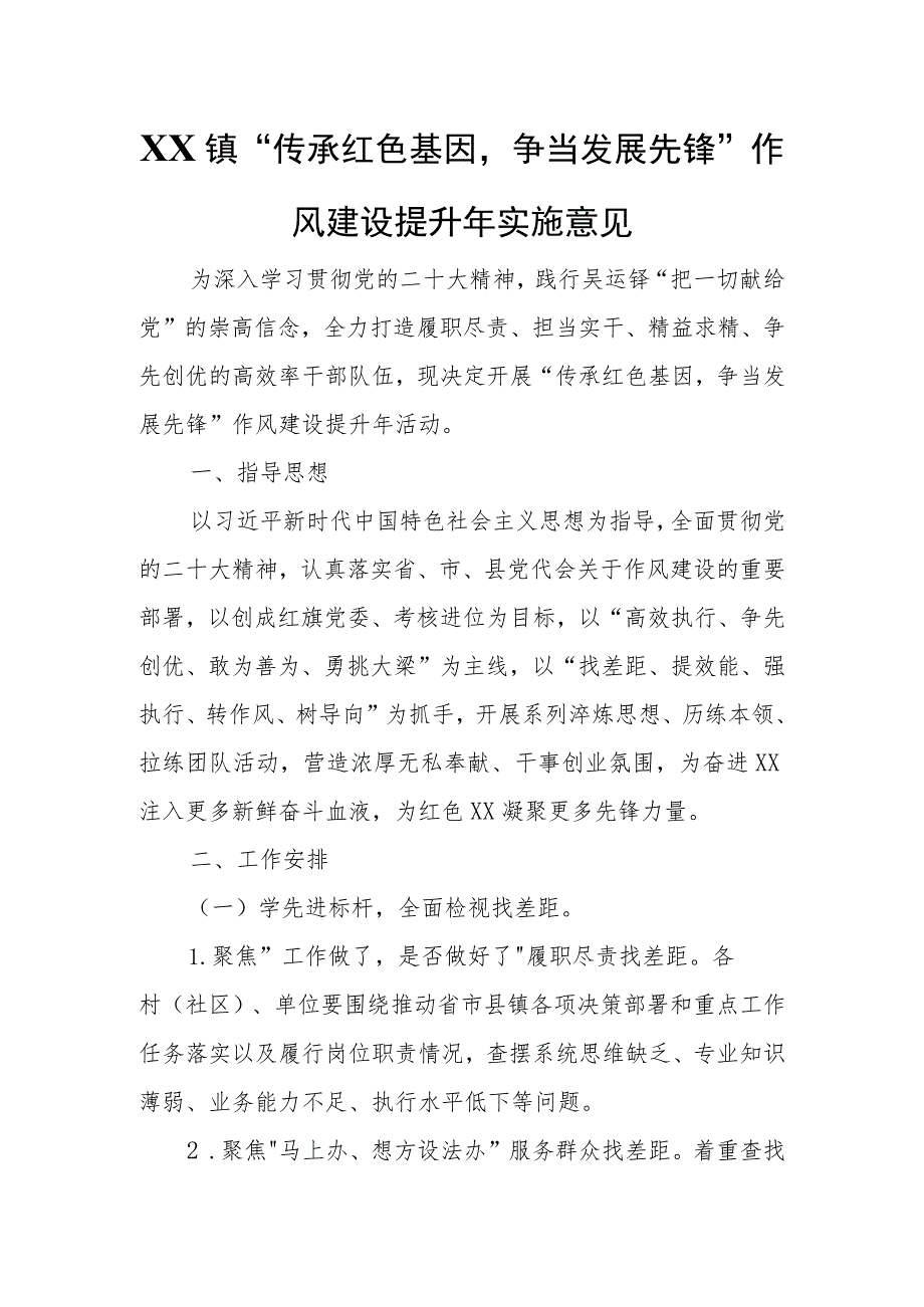 XX镇“传承红色基因争当发展先锋”作风建设提升年实施意见.docx_第1页