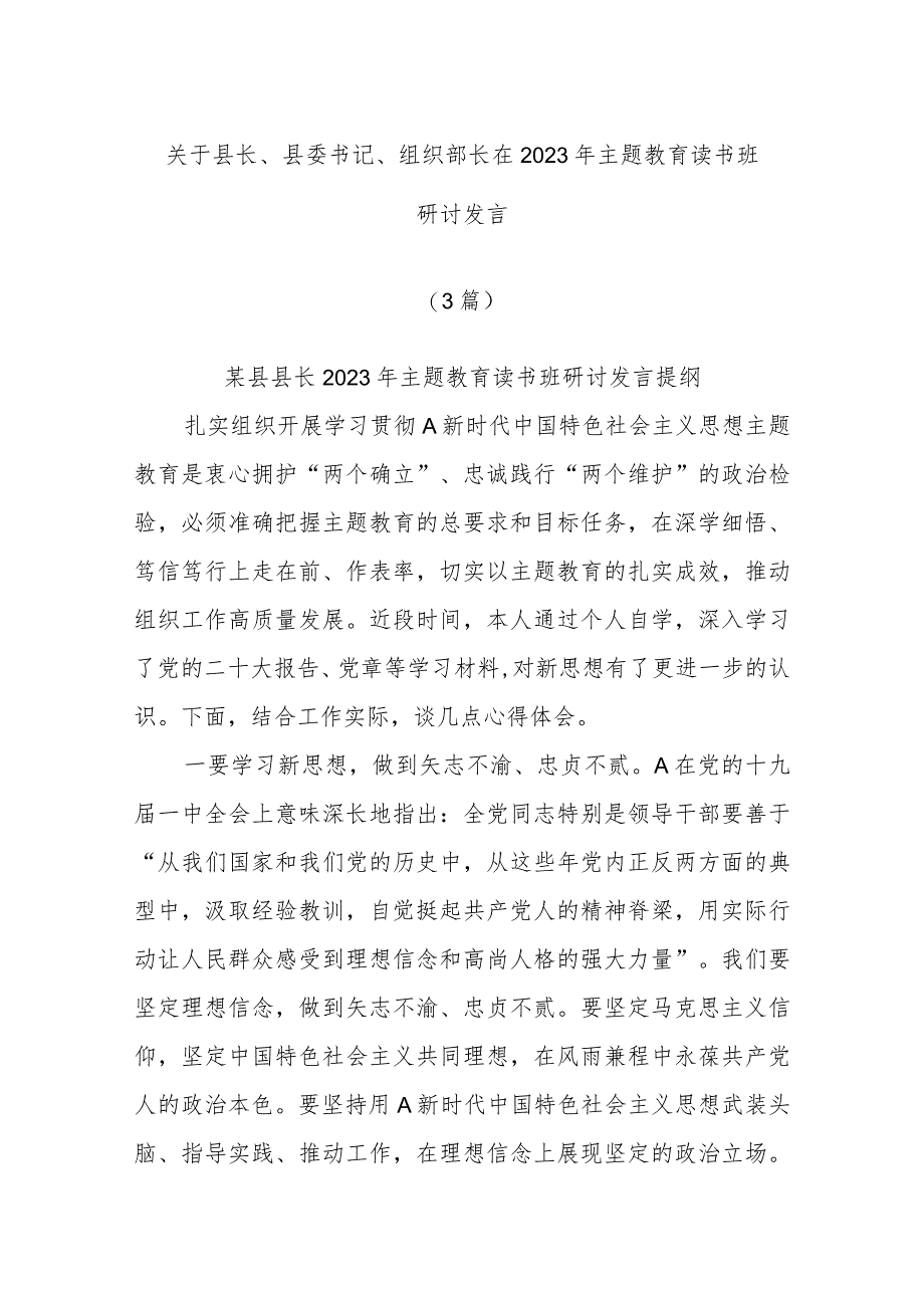 (3篇)关于县长、县委书记、组织部长在2023年主题教育读书班研讨发言.docx_第1页