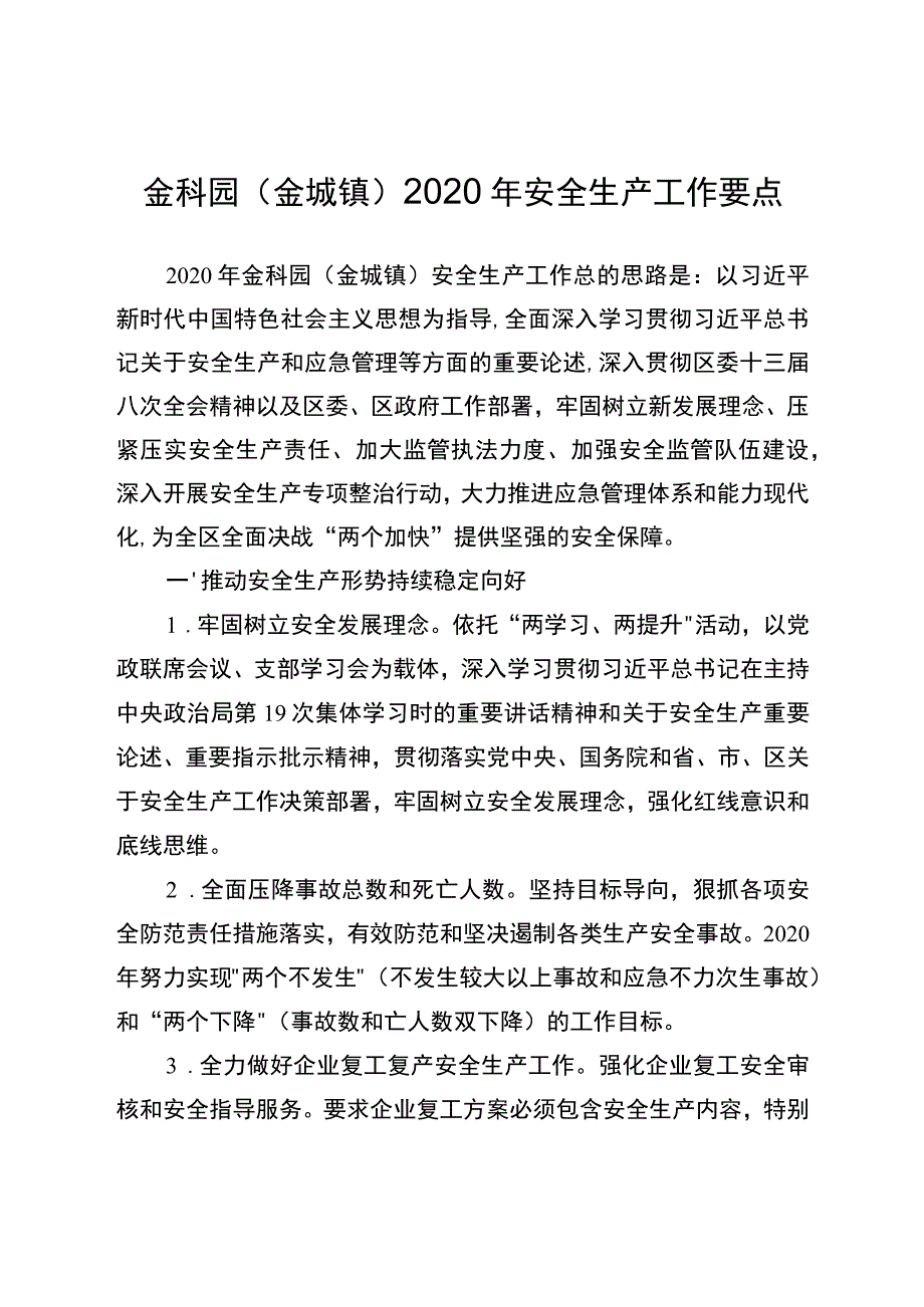 金科园金城镇2020年安全生产工作要点.docx_第1页