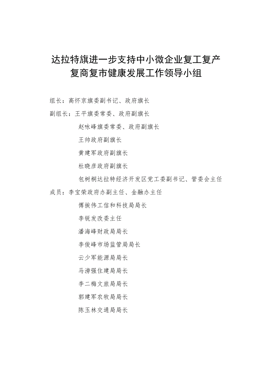 达拉特旗进一步支持中小微企业复工复产复商复市健康发展工作领导小组.docx_第1页