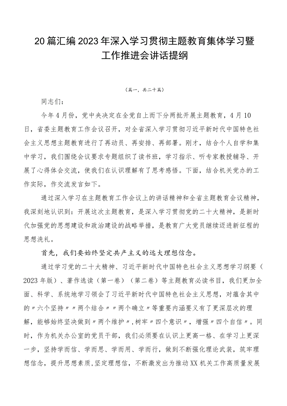 20篇汇编2023年深入学习贯彻主题教育集体学习暨工作推进会讲话提纲.docx_第1页