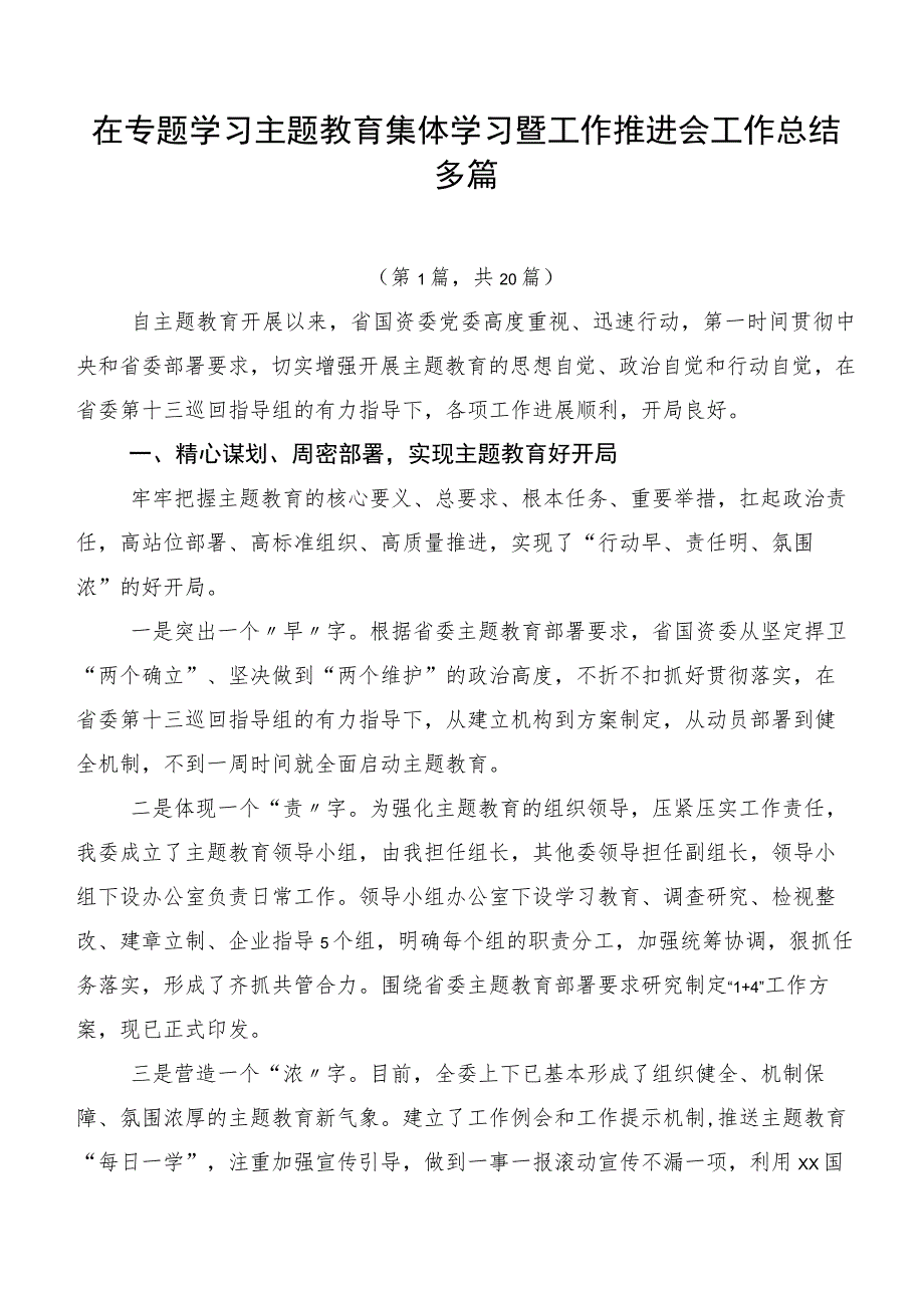 在专题学习主题教育集体学习暨工作推进会工作总结多篇.docx_第1页