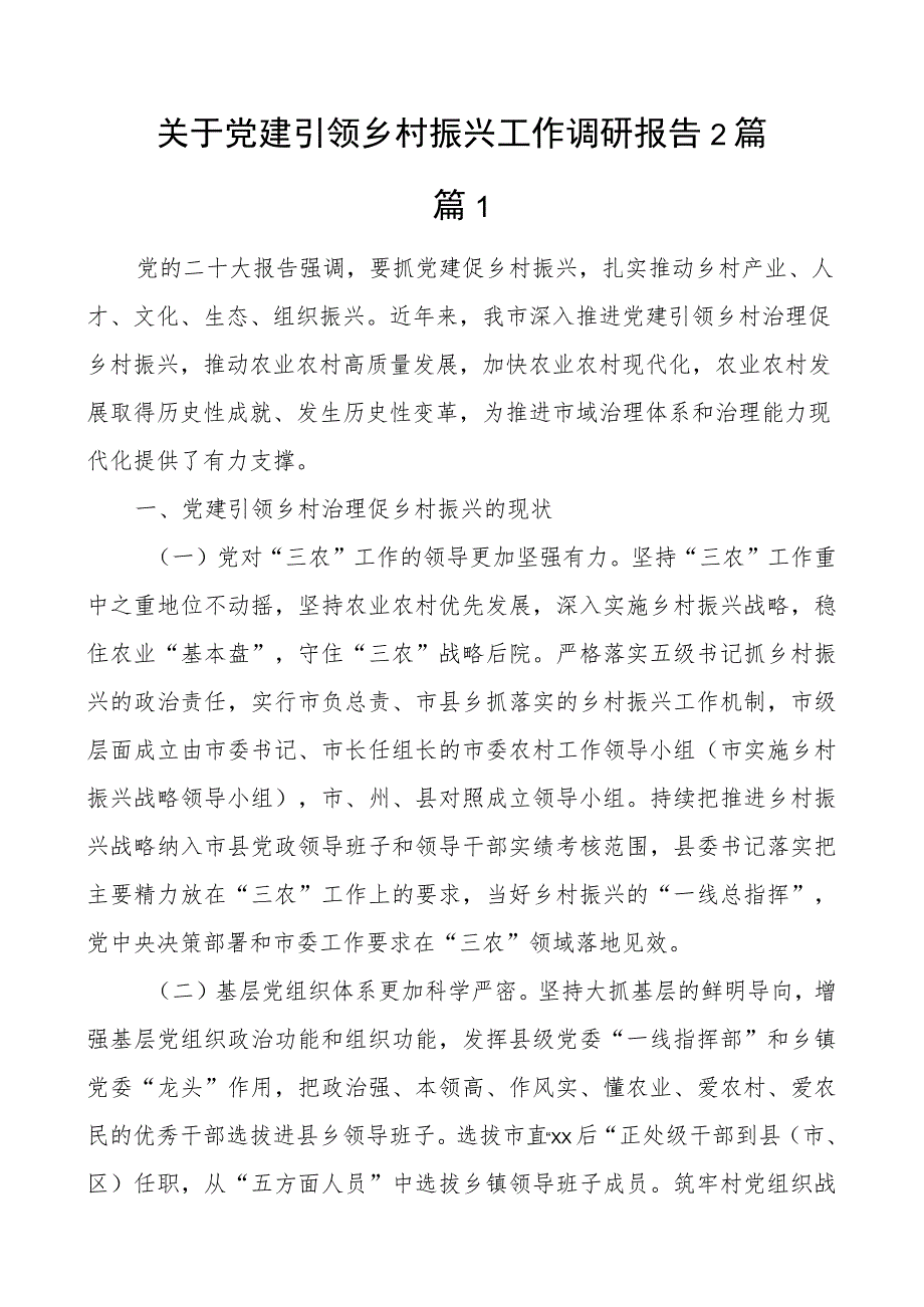 团队建设引领乡村振兴工作调研报告2篇.docx_第1页