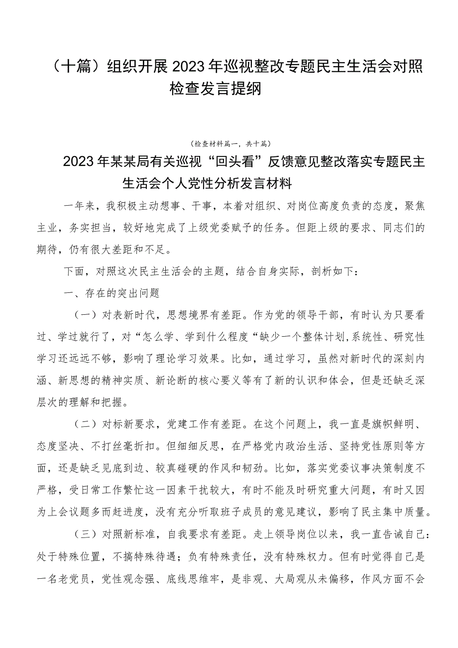 （十篇）组织开展2023年巡视整改专题民主生活会对照检查发言提纲.docx_第1页