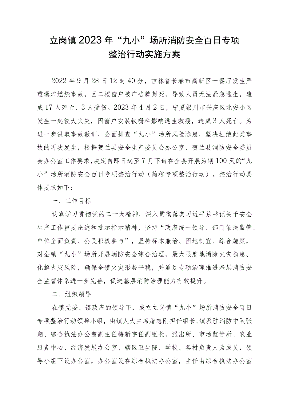 立岗镇2023年“九小”场所消防安全百日专项整治行动实施方案.docx_第1页