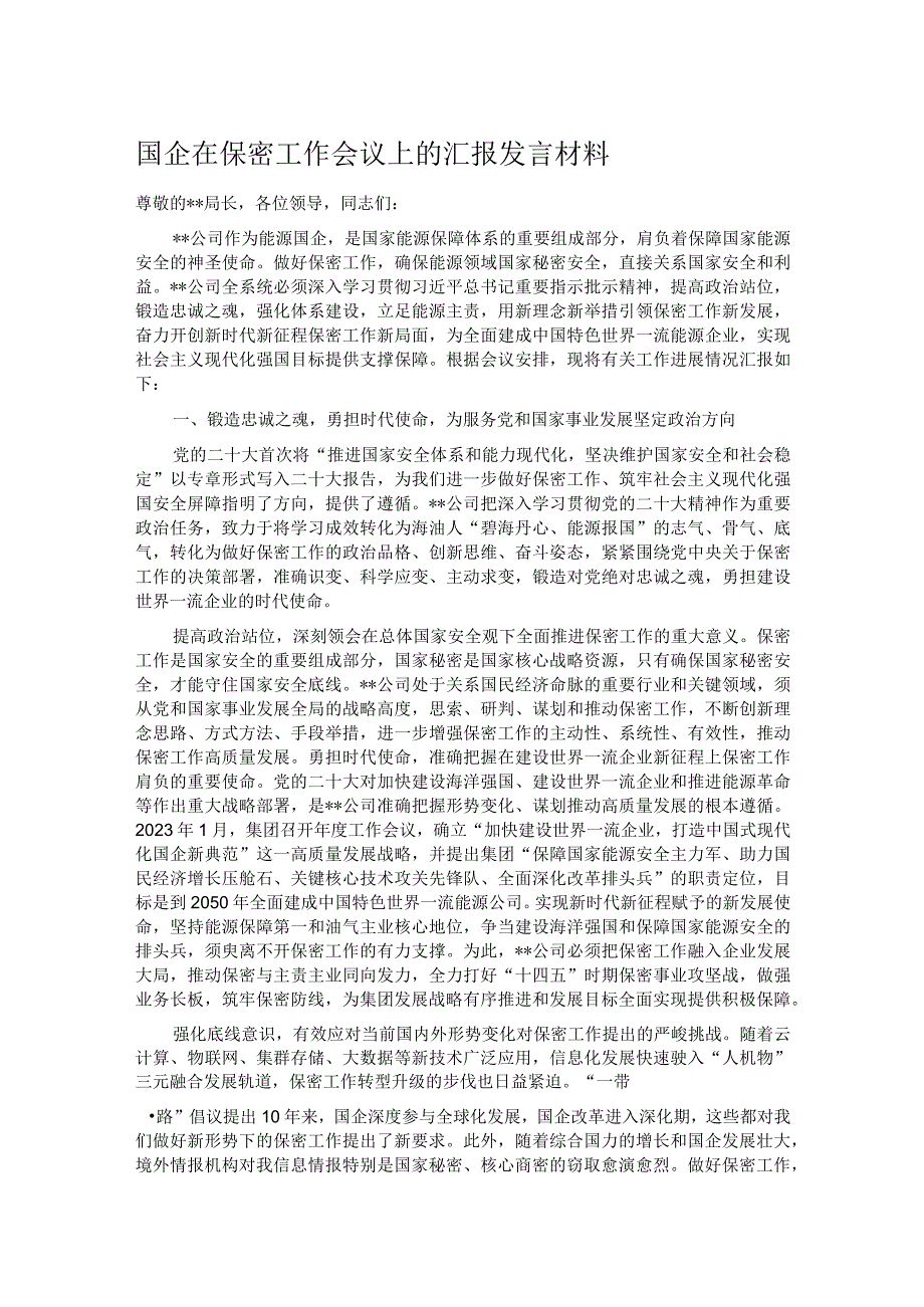 国企在保密工作会议上的汇报发言材料.docx_第1页