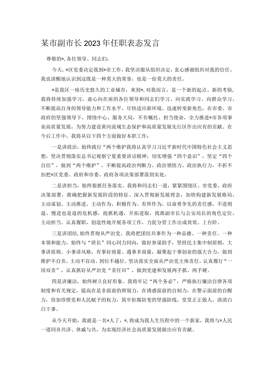 某市副市长2023年任职表态发言.docx_第1页