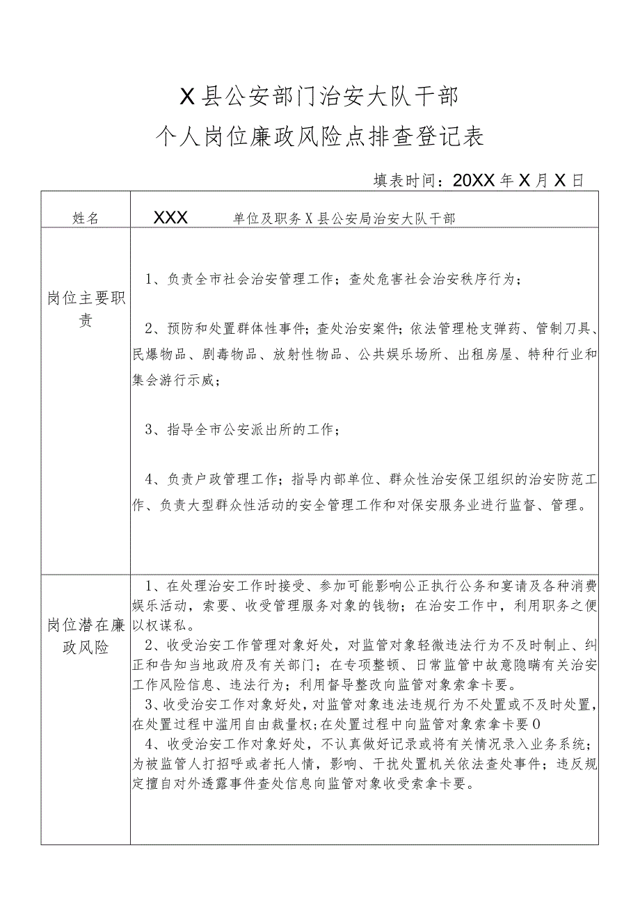 X县公安部门治安大队干部个人岗位廉政风险点排查登记表.docx_第1页