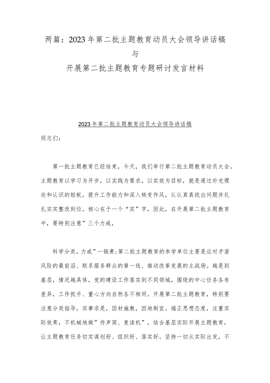 两篇：2023年第二批主题教育动员大会领导讲话稿与开展第二批主题教育专题研讨发言材料.docx_第1页