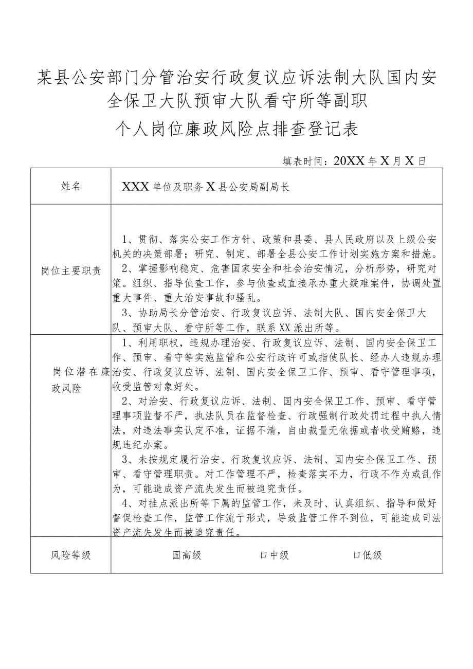 某县公安部门分管治安行政复议应诉法制大队国内安全保卫大队预审大队看守所等副职个人岗位廉政风险点排查登记表.docx_第1页