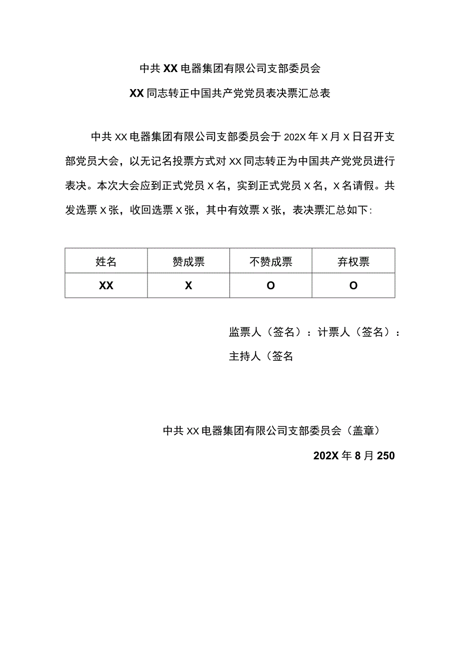 XX电器集团有限公司支部委员会XX同志转正中国共产党党员表决票汇总表(2023年).docx_第1页