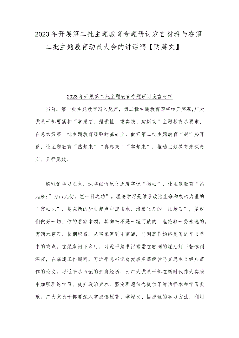 2023年开展第二批主题教育专题研讨发言材料与在第二批主题教育动员大会的讲话稿【两篇文】.docx_第1页