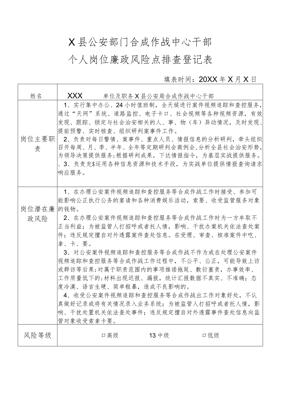 X县公安部门合成作战中心干部个人岗位廉政风险点排查登记表.docx_第1页