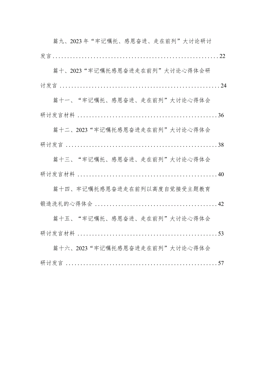 2023年“牢记嘱托、感恩奋进、走在前列”大讨论心得体会研讨发言材料最新版16篇合辑.docx_第2页