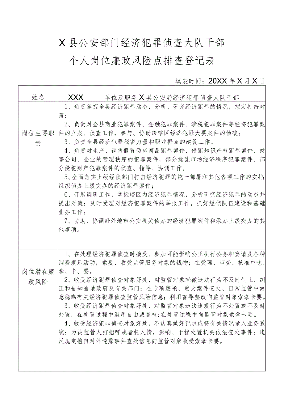 X县公安部门经济犯罪侦查大队干部个人岗位廉政风险点排查登记表.docx_第1页