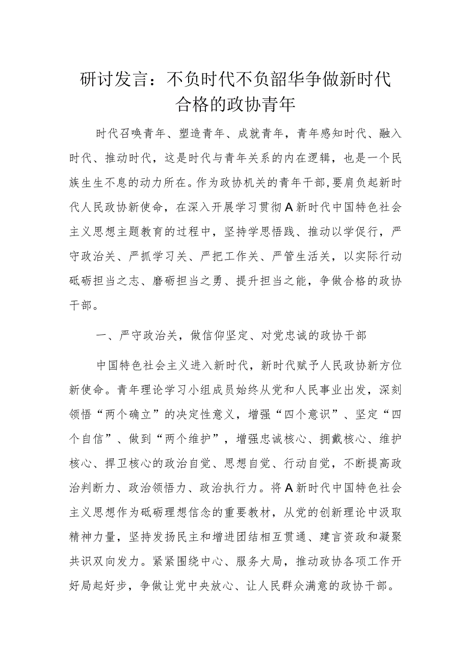 研讨发言：不负时代不负韶华争做新时代合格的政协青年.docx_第1页