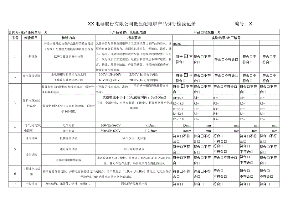 XX电器股份有限公司低压配电屏产品例行检验记录(2023年).docx_第1页