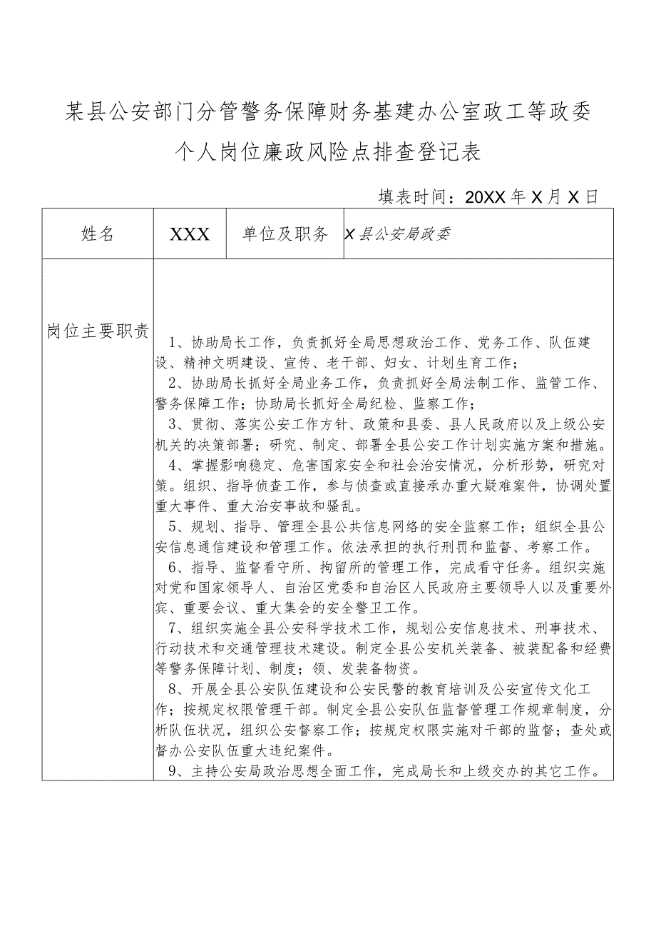 某县公安部门分管警务保障财务基建办公室政工等政委个人岗位廉政风险点排查登记表.docx_第1页