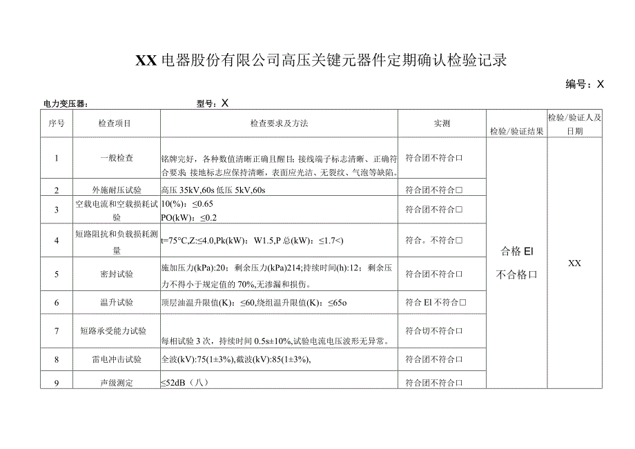 XX电器股份有限公司高压关键元器件定期确认检验记录（2023年）.docx_第1页