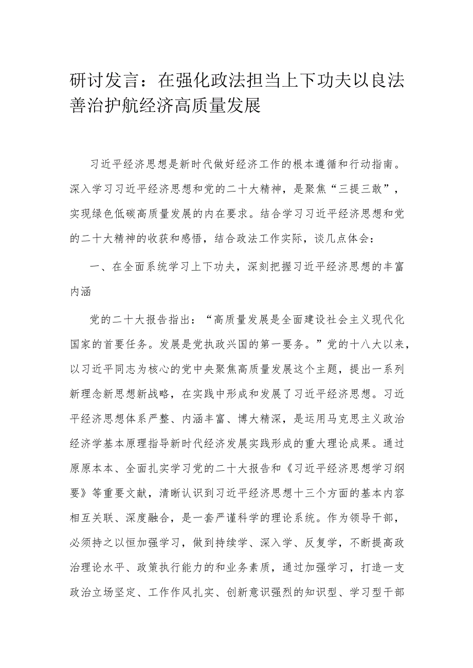 研讨发言：在强化政法担当上下功夫 以良法善治护航经济高质量发展.docx_第1页