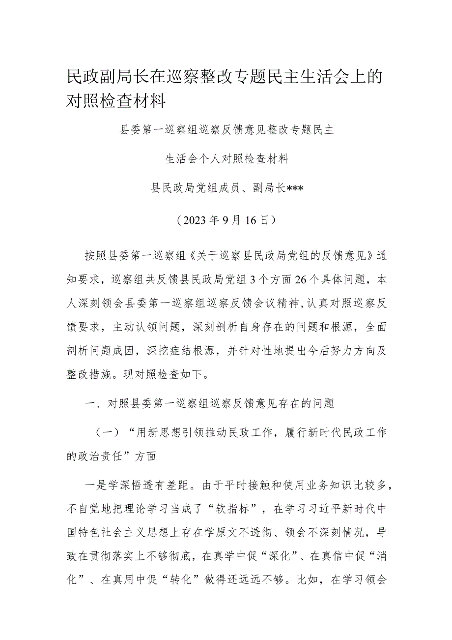 民政副局长在巡察整改专题民主生活会上的对照检查材料.docx_第1页