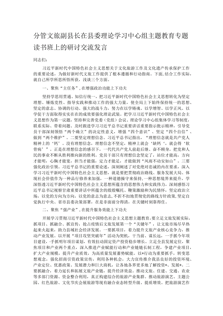 分管文旅副县长在县委理论学习中心组主题教育专题读书班上的研讨交流发言.docx_第1页