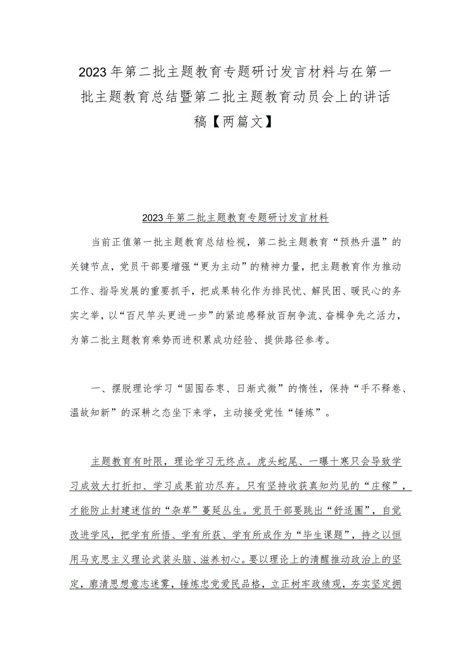 2023年第二批主题教育专题研讨发言材料与在第一批主题教育总结暨第二批主题教育动员会上的讲话稿【两篇文】.docx_第1页