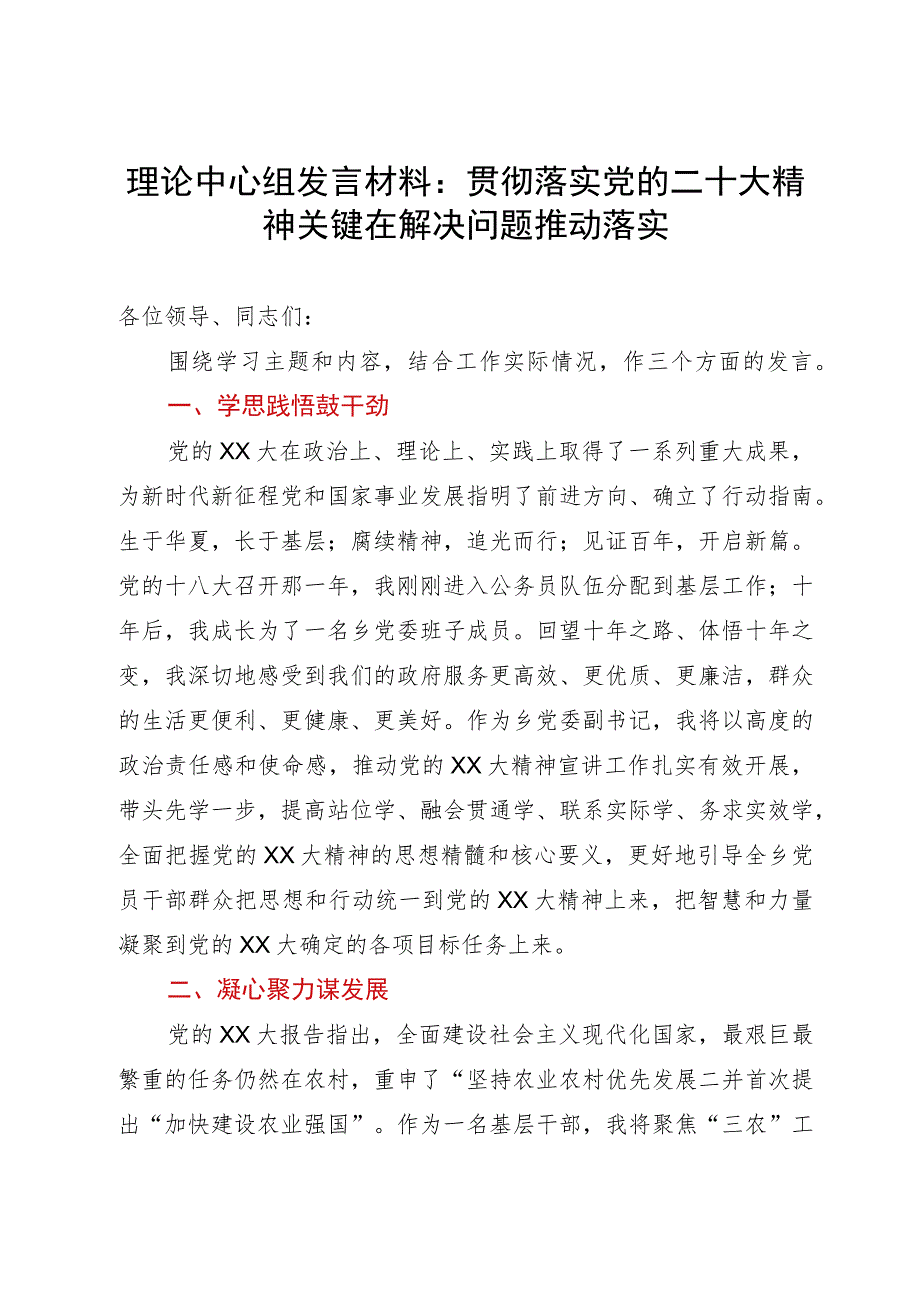 理论中心组发言材料：贯彻落实党的二十大精神关键在解决问题推动落实.docx_第1页