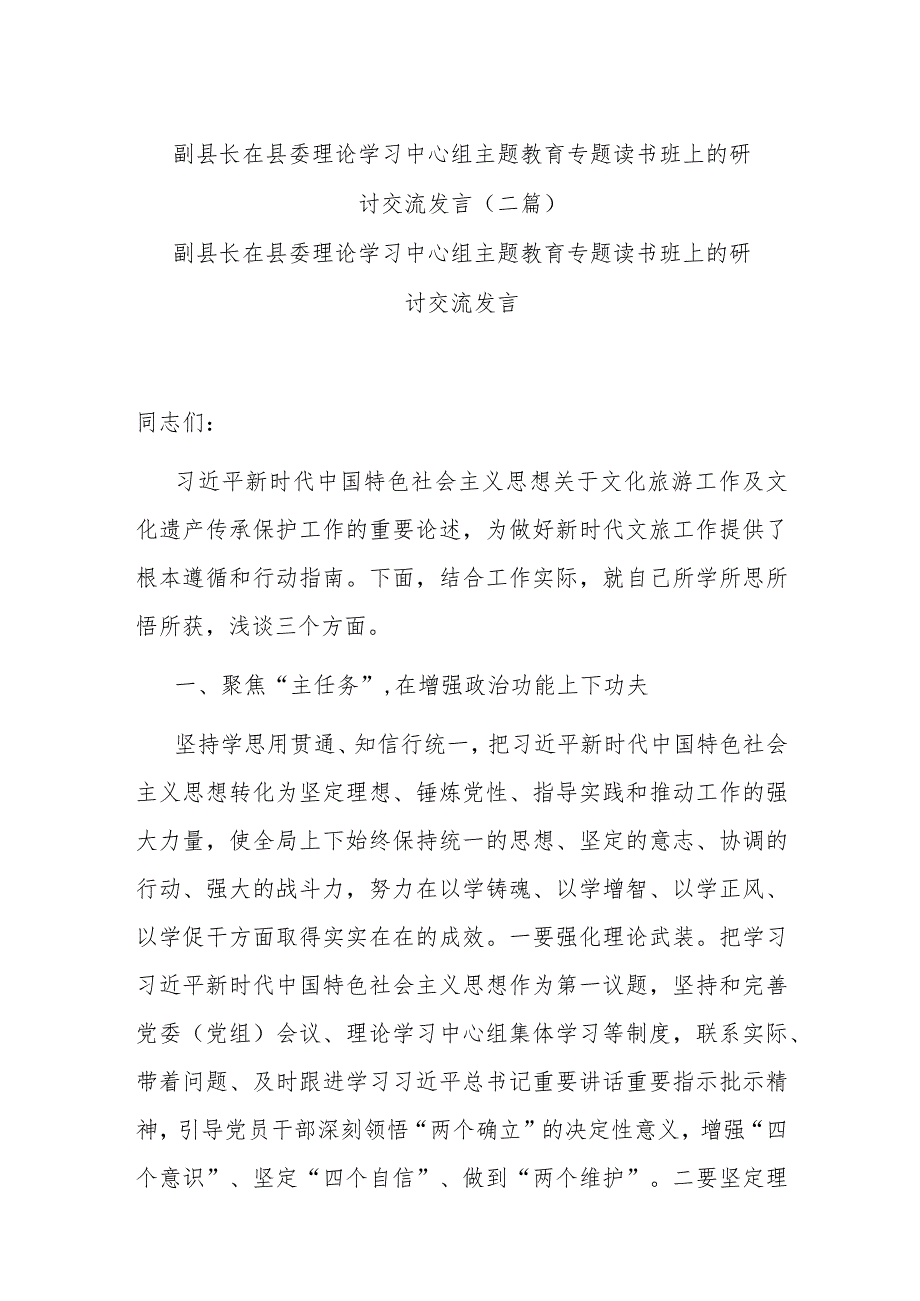 副县长在县委理论学习中心组主题教育专题读书班上的研讨交流发言(二篇).docx_第1页