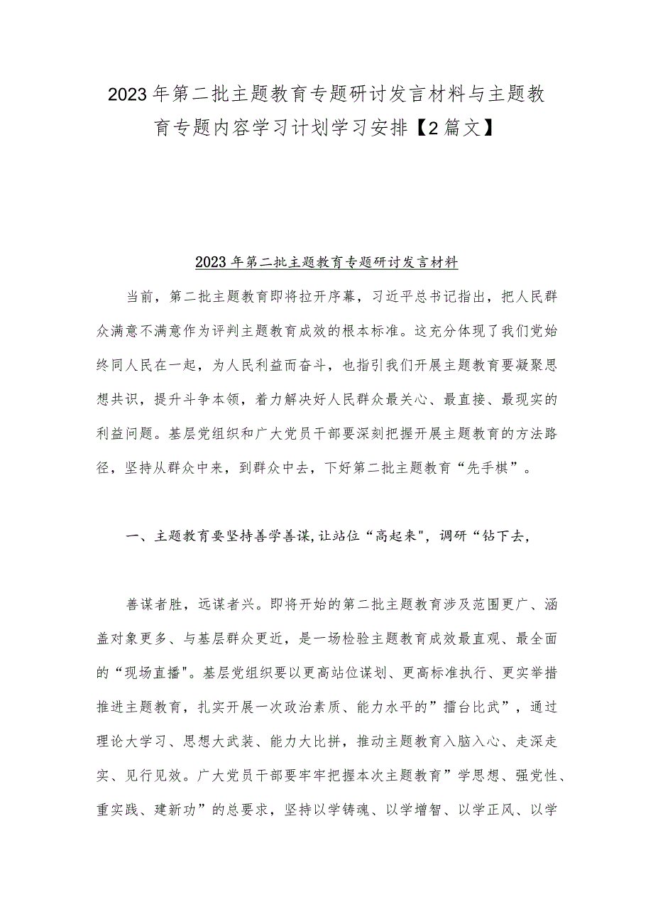 2023年第二批主题教育专题研讨发言材料与主题教育专题内容学习计划学习安排【2篇文】.docx_第1页