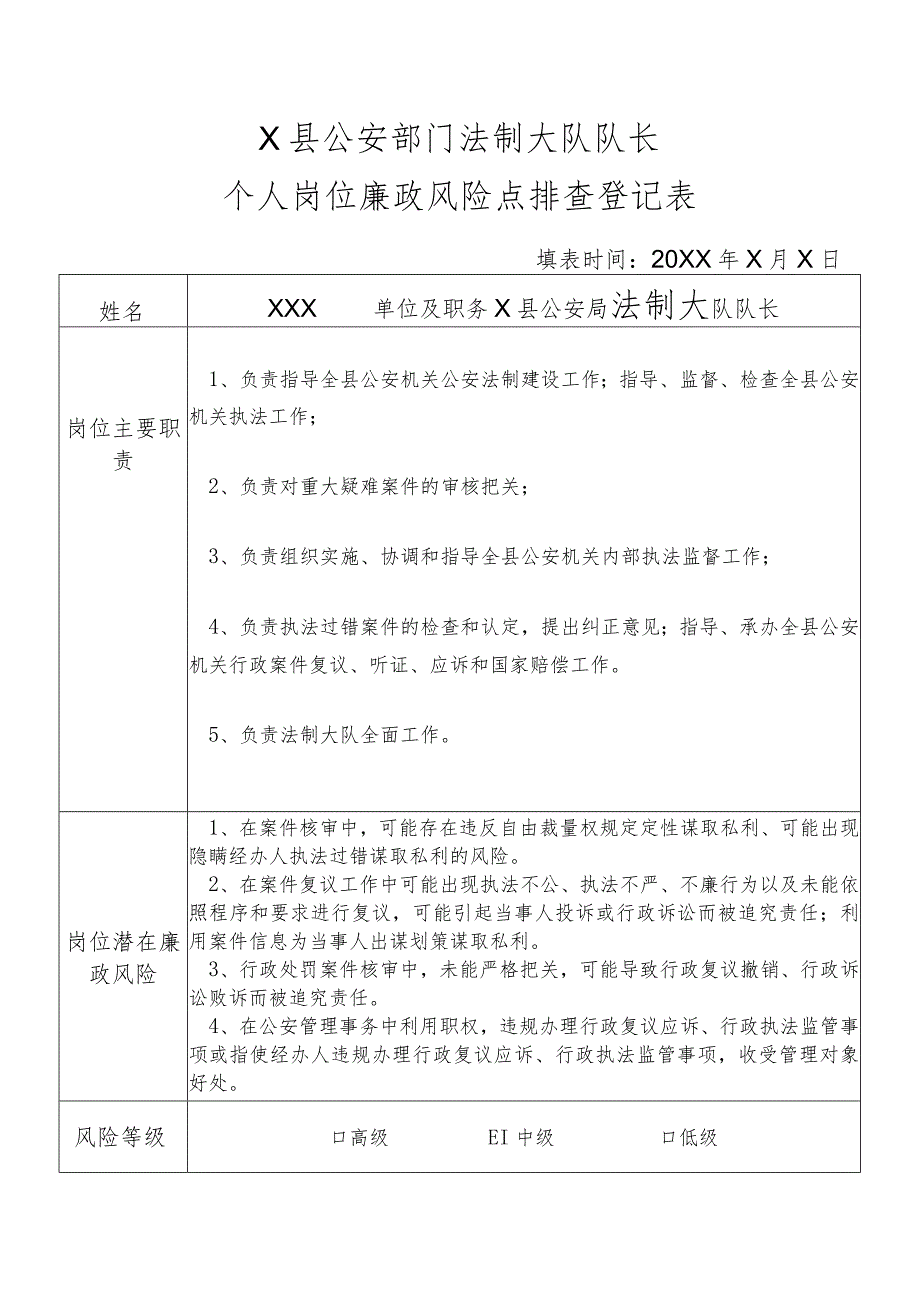 X县公安部门法制大队队长个人岗位廉政风险点排查登记表.docx_第1页