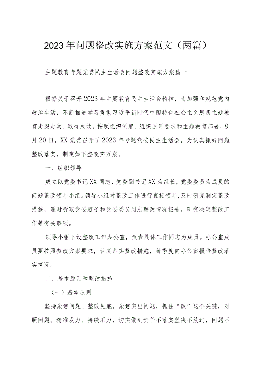 2023年问题整改实施方案范文（两篇）.docx_第1页