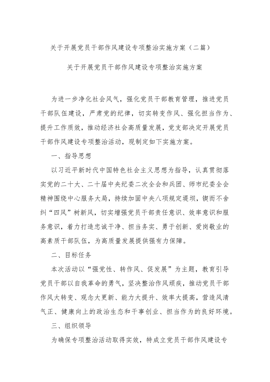 关于开展党员干部作风建设专项整治实施方案(二篇).docx_第1页