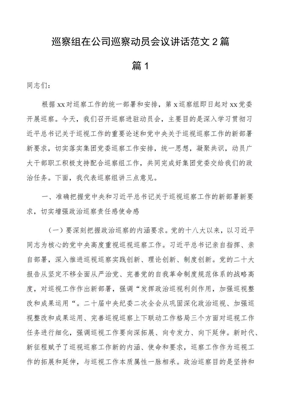 c组在公司巡c动员会议讲话企业部署2篇.docx_第1页