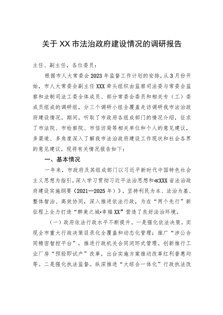 关于XX市法治政府建设情况的调研报告 .docx_第1页