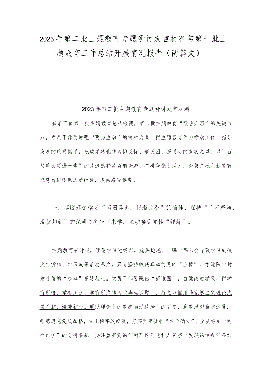 2023年第二批主题教育专题研讨发言材料与第一批主题教育工作总结开展情况报告（两篇文）.docx_第1页