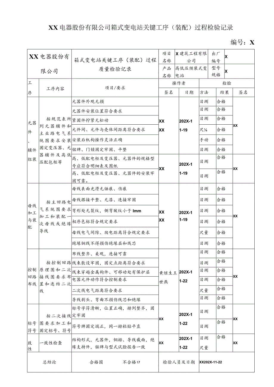 XX电器股份有限公司箱式变电站关键工序（装配）过程检验记录(2023年).docx_第1页