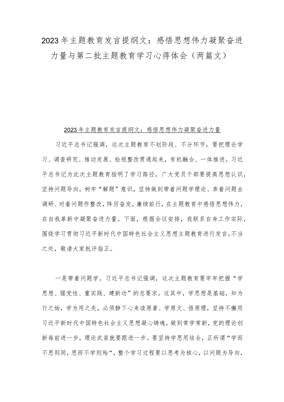 2023年主题教育发言提纲文：感悟思想伟力凝聚奋进力量与第二批主题教育学习心得体会（两篇文）.docx_第1页