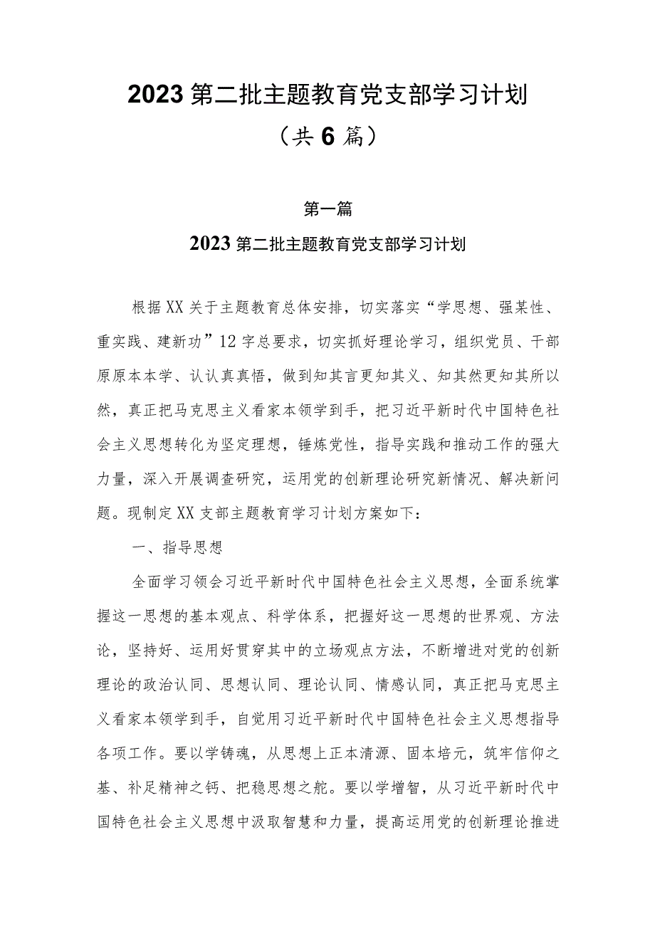 6篇2023第二批主题教育党支部学习计划.docx_第1页