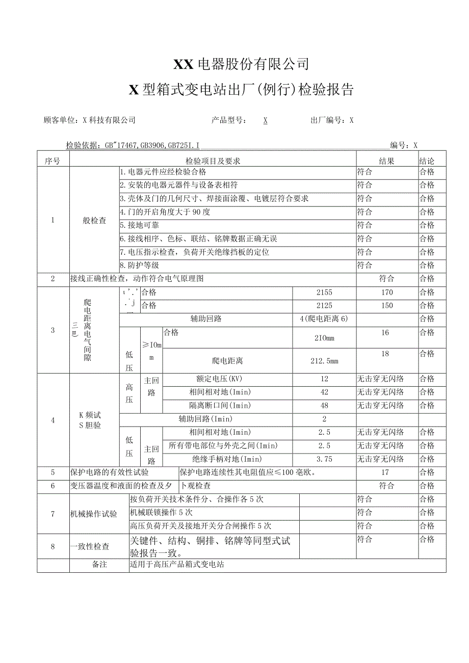 XX电器股份有限公司X型箱式变电站出厂（例行）检验报告（2023年）.docx_第1页