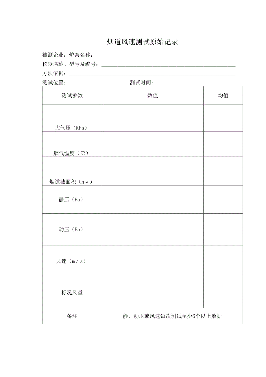 烟道风速测试原始记录表.docx_第1页